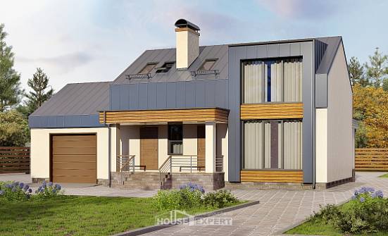 150-015-П Проект двухэтажного дома с мансардным этажом и гаражом, компактный домик из газобетона Волосово | Проекты домов от House Expert