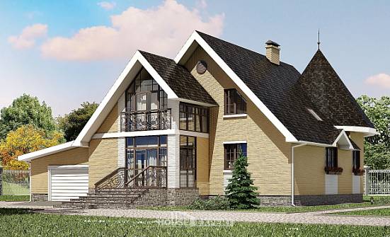 250-001-Л Проект двухэтажного дома с мансардным этажом, гараж, классический коттедж из бризолита Тихвин | Проекты домов от House Expert