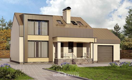 150-015-Л Проект двухэтажного дома с мансардным этажом, гараж, компактный коттедж из блока СПб | Проекты домов от House Expert