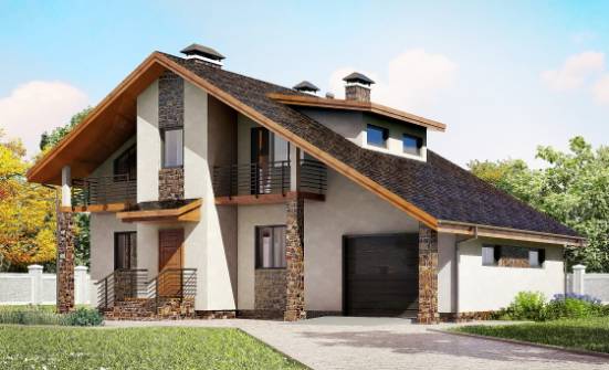 180-008-П Проект двухэтажного дома с мансардой, гараж, классический коттедж из арболита, Подпорожье
